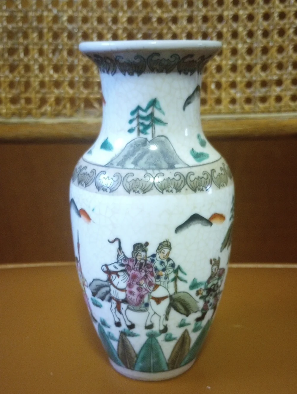 Vintage Ceramic Vase w/ Horses. Cream Green Pink Brown Orange Black